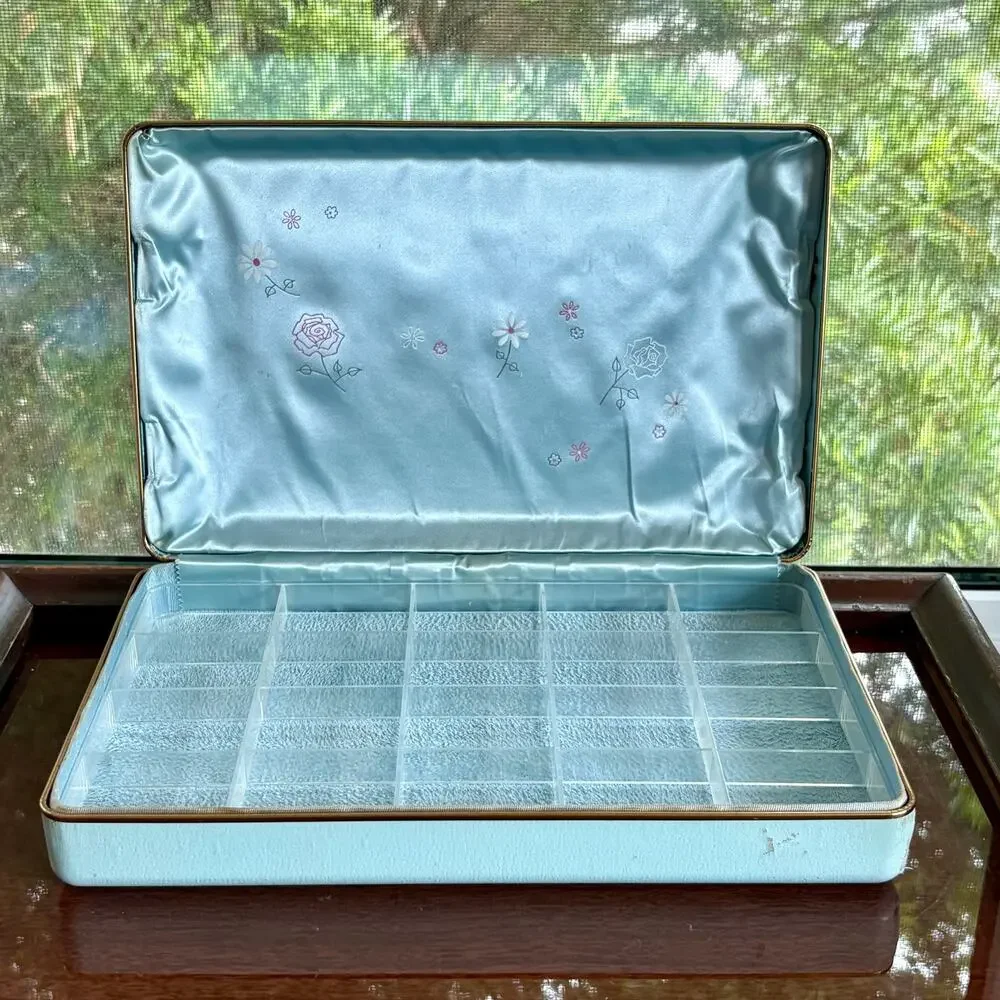 Vintage Farrington Texol Blue Floral Jewelry Box, Hard Case Organizer
